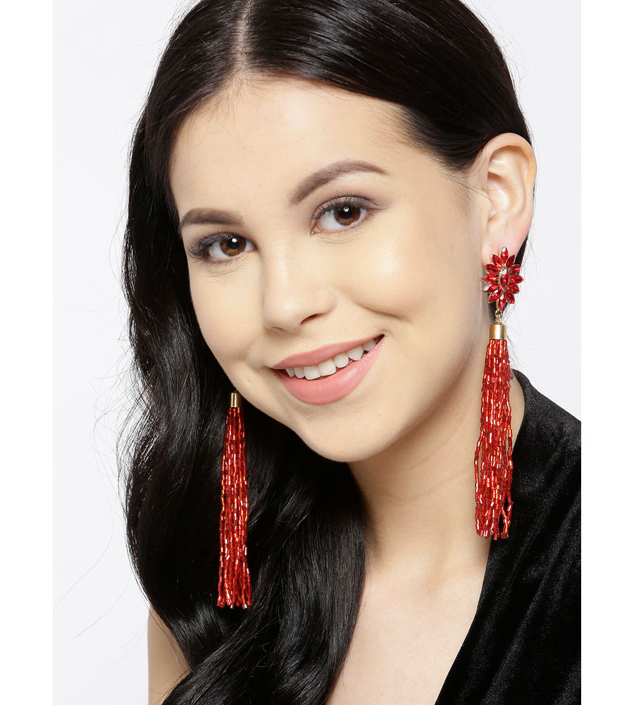 YouBella Red Gold-Plated Tasselled Contemporary Drop Earrings